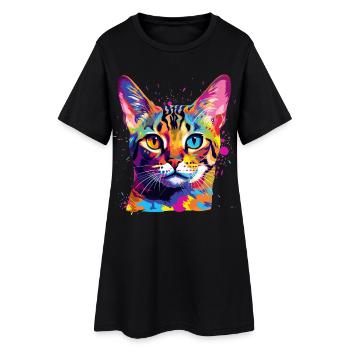 Bunte Bengal-Katzengesicht-Splash-Art - Frauen T-Shirt-Kleid - Schwarz - Vorne