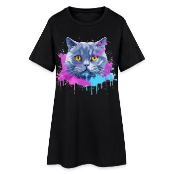 Visage de chat britannique à poil court en art éclaboussé coloré - Robe T-shirt Femme - noir - Devant