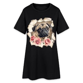 Mops mit Rosen - Frauen T-Shirt-Kleid - Schwarz - Vorne
