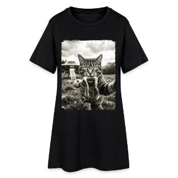 Lustige Katze Selfie mit Alien und UFO - Frauen T-Shirt-Kleid - Schwarz - Vorne