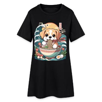 Cute Ramen Puppy In Bowl With Waves Japanese - Women’s T-Shirt Dress - black - Front