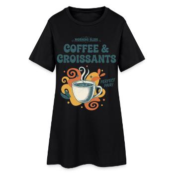 Petit-déjeuner, bonheur du matin, café et croissants - Robe T-shirt Femme - noir - Devant