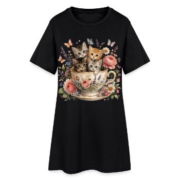 Chatons Dans Une Tasse De Thé Fleurs Vintage - Robe T-shirt Femme - noir - Devant