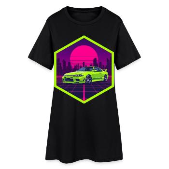 90er Synthwave R32 Limettengrüner JDM Neon Hex-Aufkleber - Frauen T-Shirt-Kleid - Schwarz - Vorne