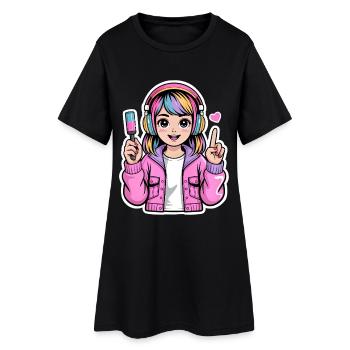 Kawaii Girl mit Kopfhörer - Frauen T-Shirt-Kleid - Schwarz - Vorne