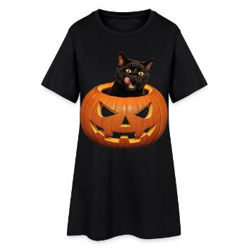 Halloween Cat with Pumpkin Retro Scary Motif - Women’s T-Shirt Dress - black - Front
