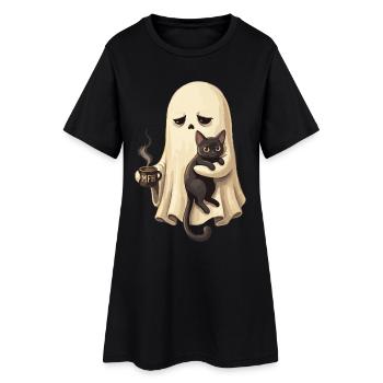 Ghost cat with coffee cup - Women’s T-Shirt Dress - black - Front