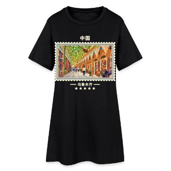 China Ürümqi Vintage Reisemarke - Frauen T-Shirt-Kleid - Schwarz - Vorne