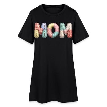 Mom Schriftzug Patchwork Stoff Look - Frauen T-Shirt-Kleid - Schwarz - Vorne