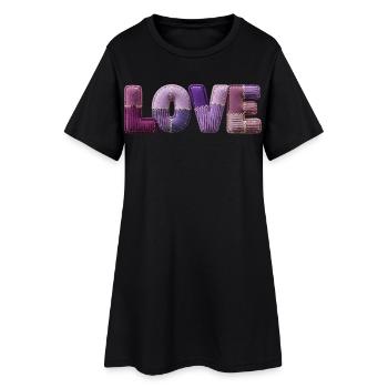 Love Schriftzug Patchwork 3D Stoff Look - Frauen T-Shirt-Kleid - Schwarz - Vorne