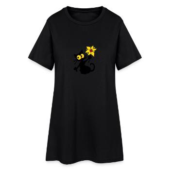 Kätzchen mit Blume - Frauen T-Shirt-Kleid - Schwarz - Vorne