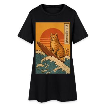 Drôle de chat surfant planche de surf Anime japonais - Robe T-shirt Femme - noir - Devant