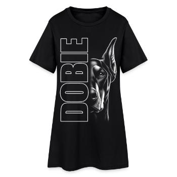 Dobermann Porträt mit vertikalem Schriftzug DOBIE - Frauen T-Shirt-Kleid - Schwarz - Vorne
