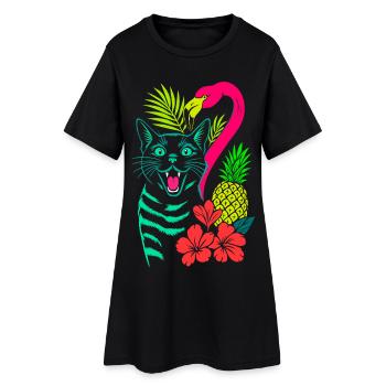 Chat tropical et flamant rose - Été 2025 - Robe T-shirt Femme - noir - Devant