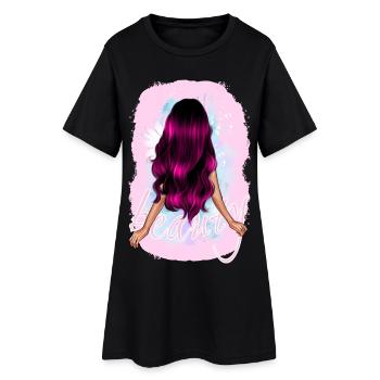 Girl woman beauty long pink hair with flower - Women’s T-Shirt Dress - black - Front