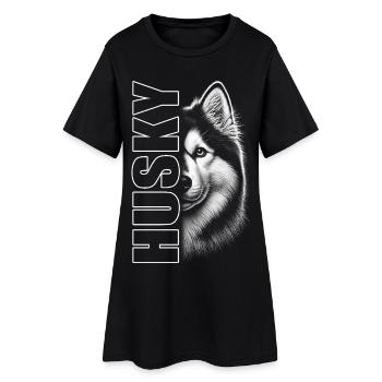 Husky Porträt mit vertikalem Schriftzug - Frauen T-Shirt-Kleid - Schwarz - Vorne
