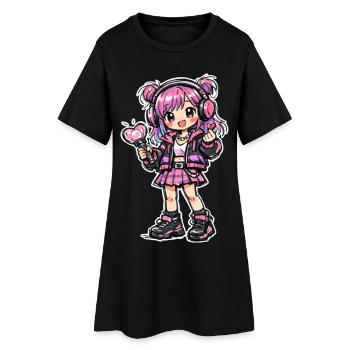 Kawaii Anime Mädchen mit Kopfhörer - Frauen T-Shirt-Kleid - Schwarz - Vorne