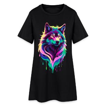 Farbenfroher Wolf Graffiti Wolfskopf - Frauen T-Shirt-Kleid - Schwarz - Vorne