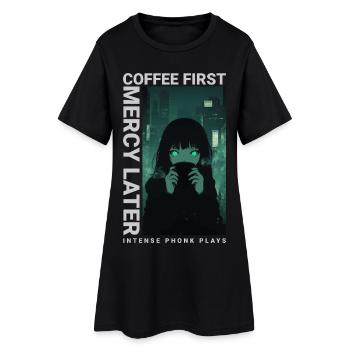 Café d'abord, Miséricorde plus tard, style anime Vaporwave - Robe T-shirt Femme - noir - Devant