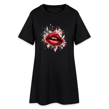 Red lips with diamonds and flowers - Women’s T-Shirt Dress - black - Front