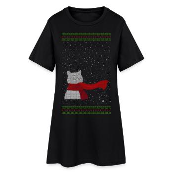 Strickkätzchen (weiß) - Frauen T-Shirt-Kleid - Schwarz - Vorne
