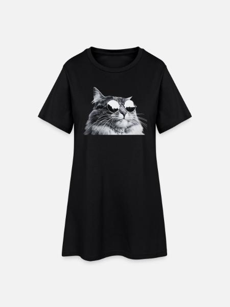Grey Cat with Sunglasses Portrait - Women’s T-Shirt Dress - black