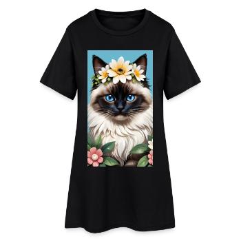 Naturschönheit Birma Seal Point mit Blumenkranz - Frauen T-Shirt-Kleid - Schwarz - Vorne