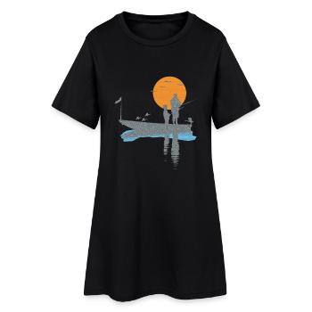 T-shirt fisherman in boat with bird and fish - Women’s T-Shirt Dress - black - Front
