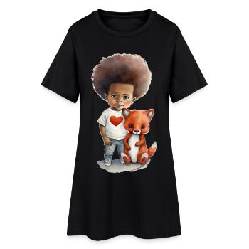 Kinder mit Wolf und Herz Motiv - Frauen T-Shirt-Kleid - Schwarz - Vorne