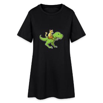 Katze Cat riding dino Trex Dinosaurier Geschenk - Frauen T-Shirt-Kleid - Schwarz - Vorne