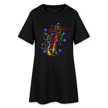 Blumenmuster mit verspieltem Saxophon design - Frauen T-Shirt-Kleid - Schwarz - Vorne