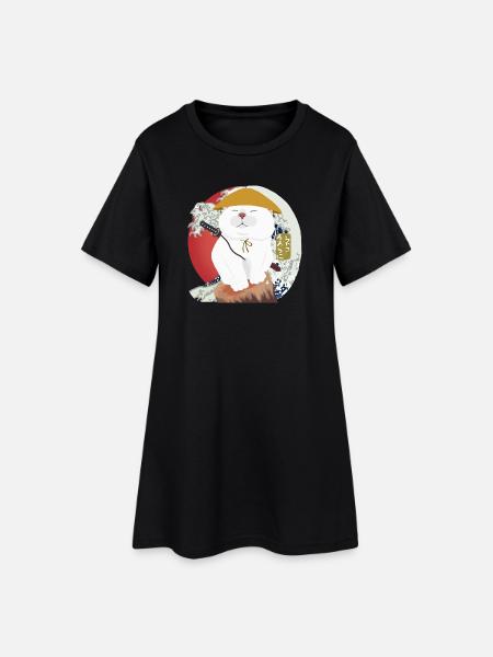 Chat samouraï assis sur le bois - Robe T-shirt Femme - noir