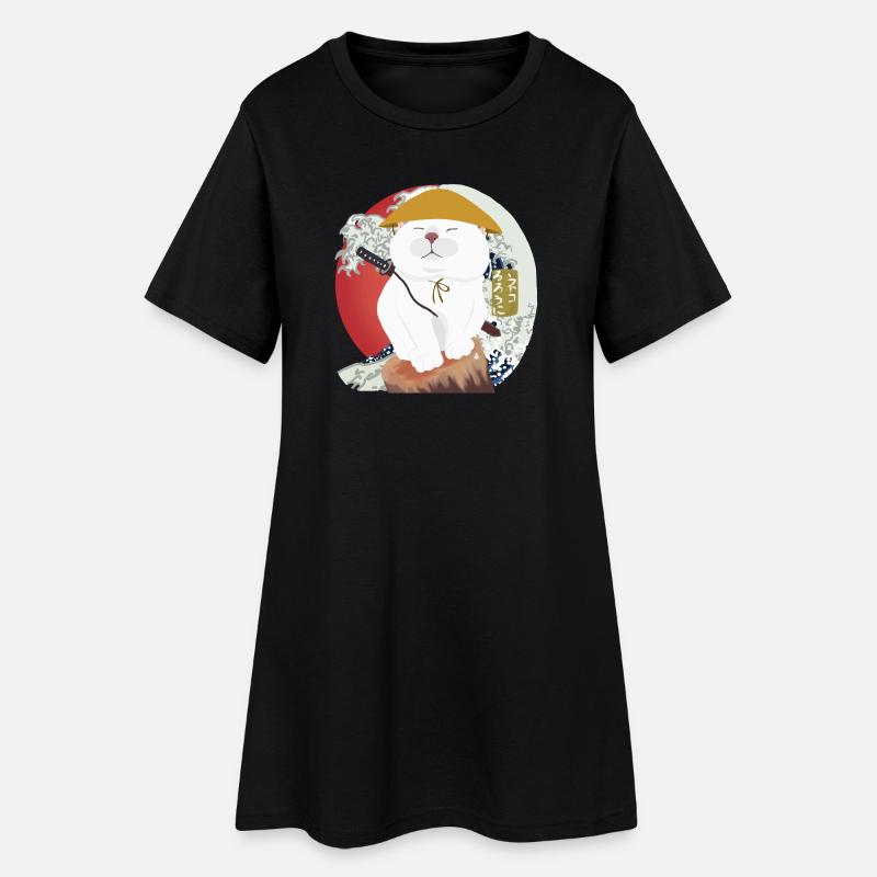 Chat samouraï assis sur le bois - Robe T-shirt Femme - noir