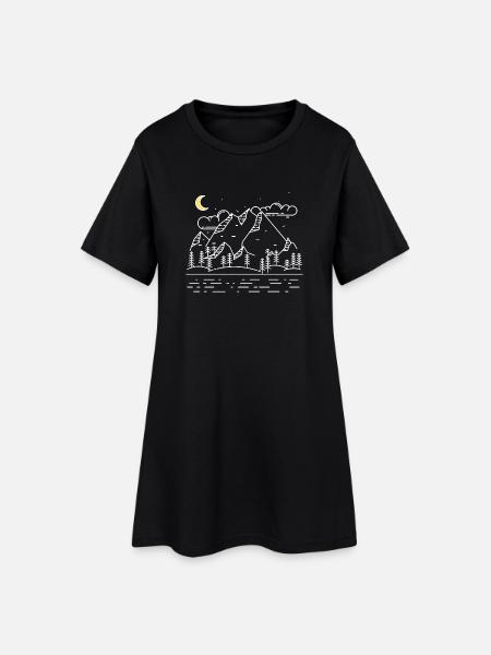 Dessin au trait d’un paysage avec montagnes et wa - Robe T-shirt Femme - noir