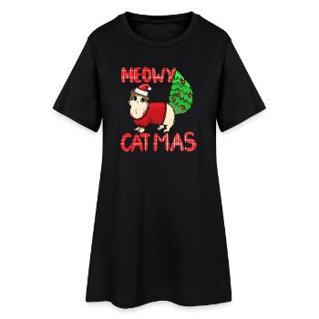 Meowy Catmas Katze Weihnachtssweater - Frauen T-Shirt-Kleid - Schwarz - Vorne