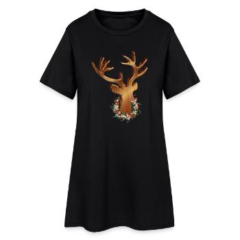 Tête de cerf en bois look avec couronne de Noël - Robe T-shirt Femme - noir - Devant