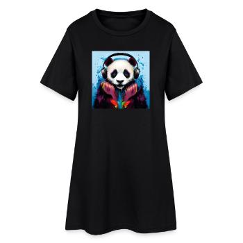 Panda mit Neon Kopfhörern - Frauen T-Shirt-Kleid - Schwarz - Vorne