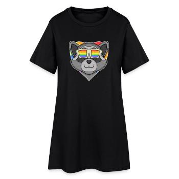 Regenbogen - Waschbär mit Brille und Herz - Frauen T-Shirt-Kleid - Schwarz - Vorne