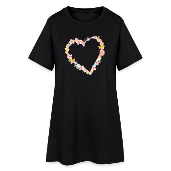 pink heart frame decorated with abundant flowers - Women’s T-Shirt Dress - black - Front