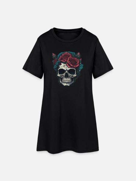 Totenkopf mit Rosen - Frauen T-Shirt-Kleid - Schwarz
