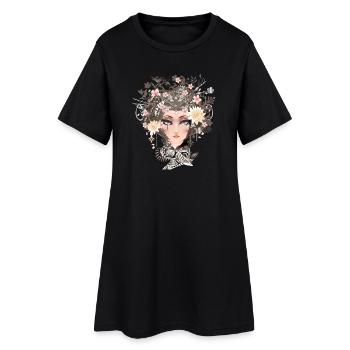 Porträt einer jungen Frau mit Blüten im Haar - Frauen T-Shirt-Kleid - Schwarz - Vorne