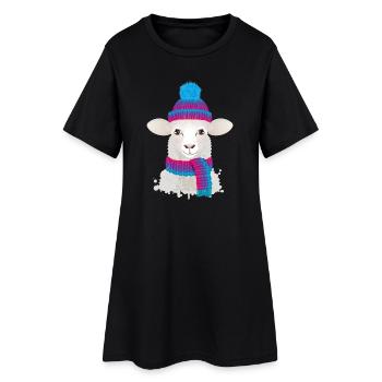 mouton blanc avec chapeau à bobble coloré et écharpe tricotée - Robe T-shirt Femme - noir - Devant