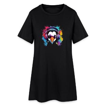 Pingouin avec écouteurs, pingouins, animaux, animaux de zoo - Robe T-shirt Femme - noir - Devant