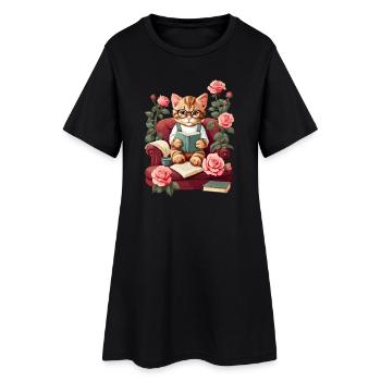 Süße Schlaue Katze mit Lesebrille - Frauen T-Shirt-Kleid - Schwarz - Vorne