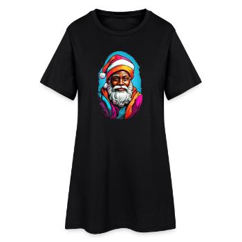 Festlicher Santa mit buntem Schal - Frauen T-Shirt-Kleid - Schwarz - Vorne