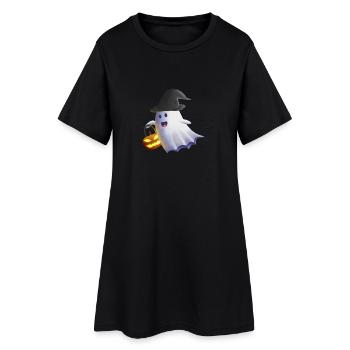 Fantôme avec chapeau de sorcière et citrouille-lanterne - Robe T-shirt Femme - noir - Devant