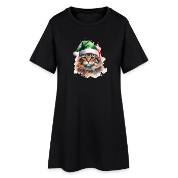 Aquarelle chat avec chapeau de père Noël vert - Robe T-shirt Femme - noir - Devant