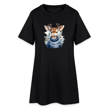 Rentier Winterpullover - Frauen T-Shirt-Kleid - Schwarz - Vorne