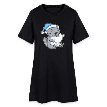 Dormir fatigué - Chat avec oreiller et bonnet somnolent - Robe T-shirt Femme - noir - Devant