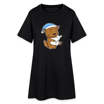 Dormir fatigué - Chat avec oreiller et bonnet somnolent - Robe T-shirt Femme - noir - Devant